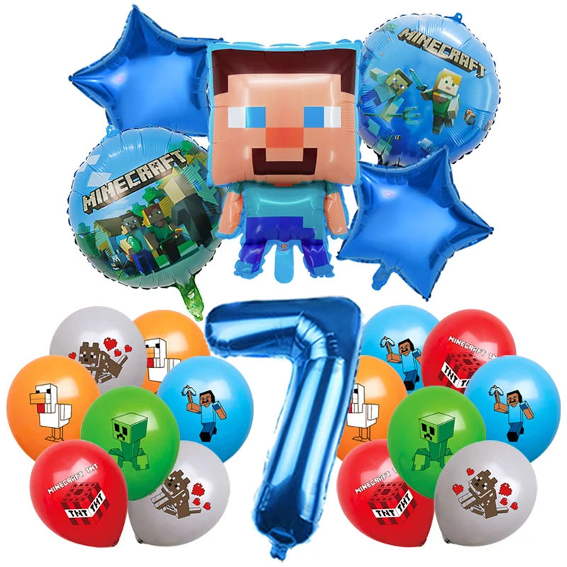 Miner Crafts decoración de fiesta de cumpleaños Steve globo de papel de aluminio para niños suministros para eventos vajilla desechable telón de fondo de pancarta