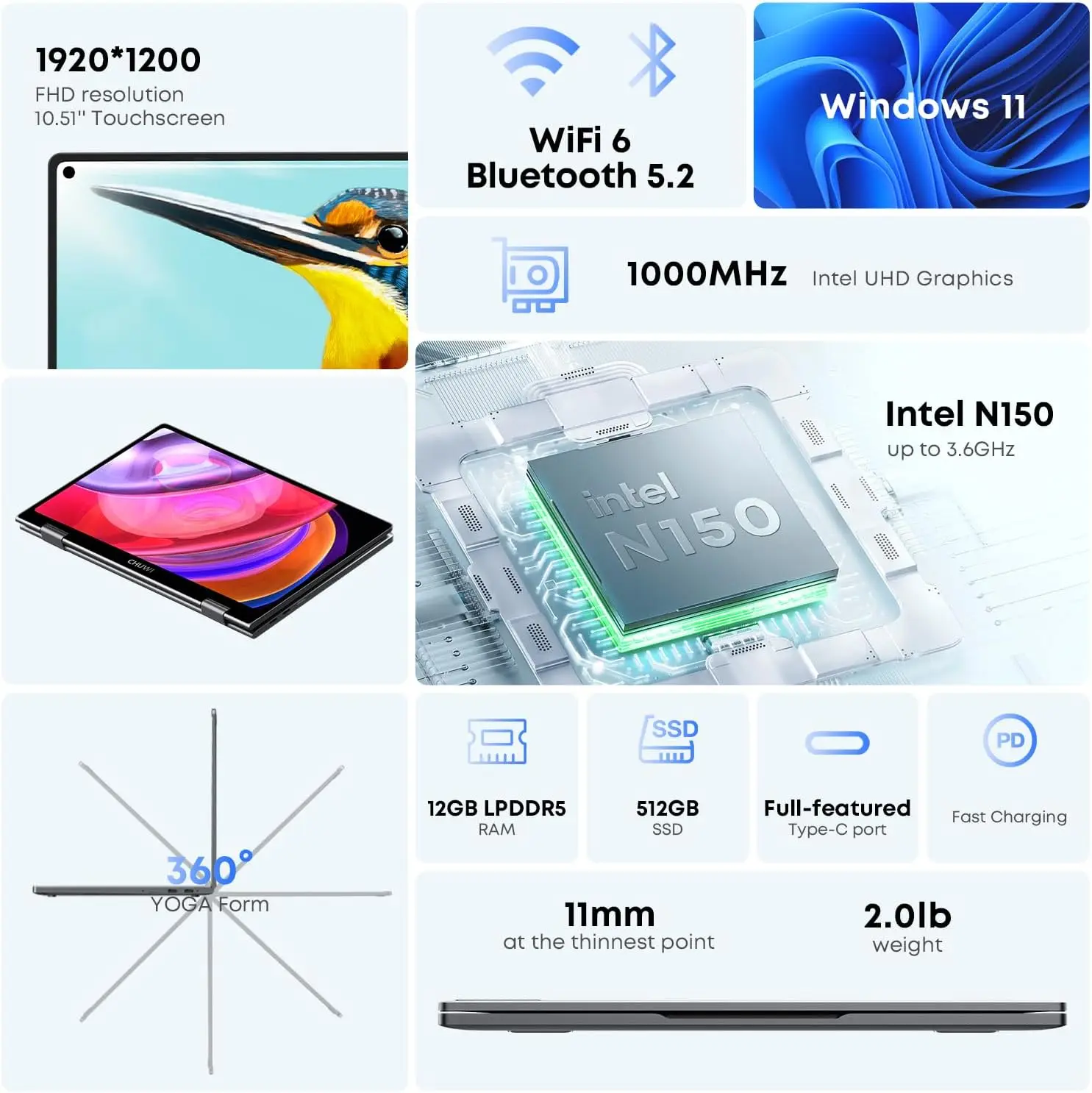 CHUWI 미니북 X 2-in-1 노트북 인텔 N150(최대 3.6GHz) 512GB ROM 12GB/16GB LPDDR5 10.51인치 2K FHD IPS 윈도우 11 노트북