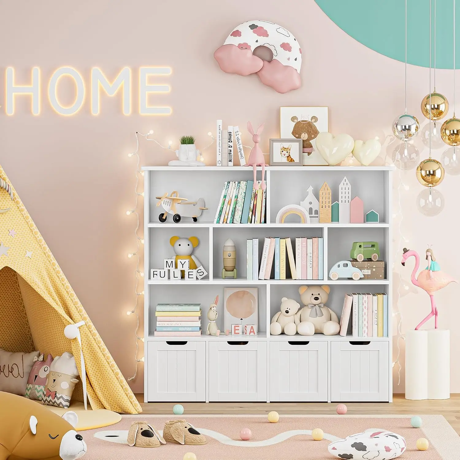 Toy Storage Organizer, Large Toy Organizers and Storage with 4 Movable Drawers and 7 Storage Cubbies, Toy Chest Shelf