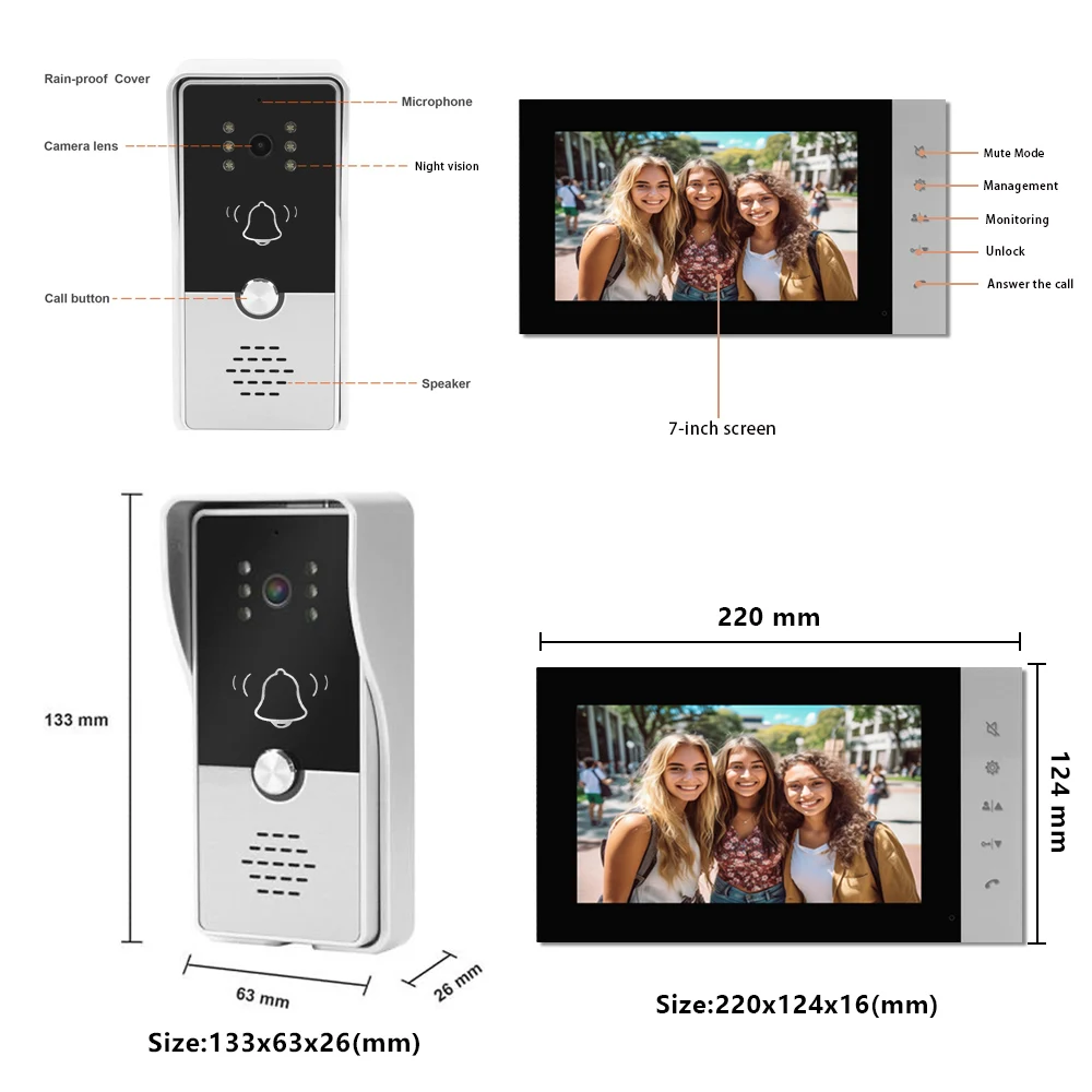 Video Intercom for Apartment Home 4-Wired IP65 Waterproof Color Night Doorbell Camera with Unlock,1~2 monitors Kit