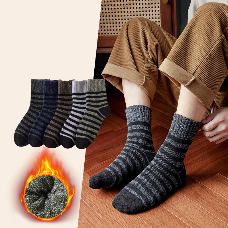 5 pares de calcetines gruesos de invierno para hombre, calcetines sólidos súper gruesos, calcetines de conejo de lana merina a rayas contra la nieve fría, calcetín cálido de invierno ruso