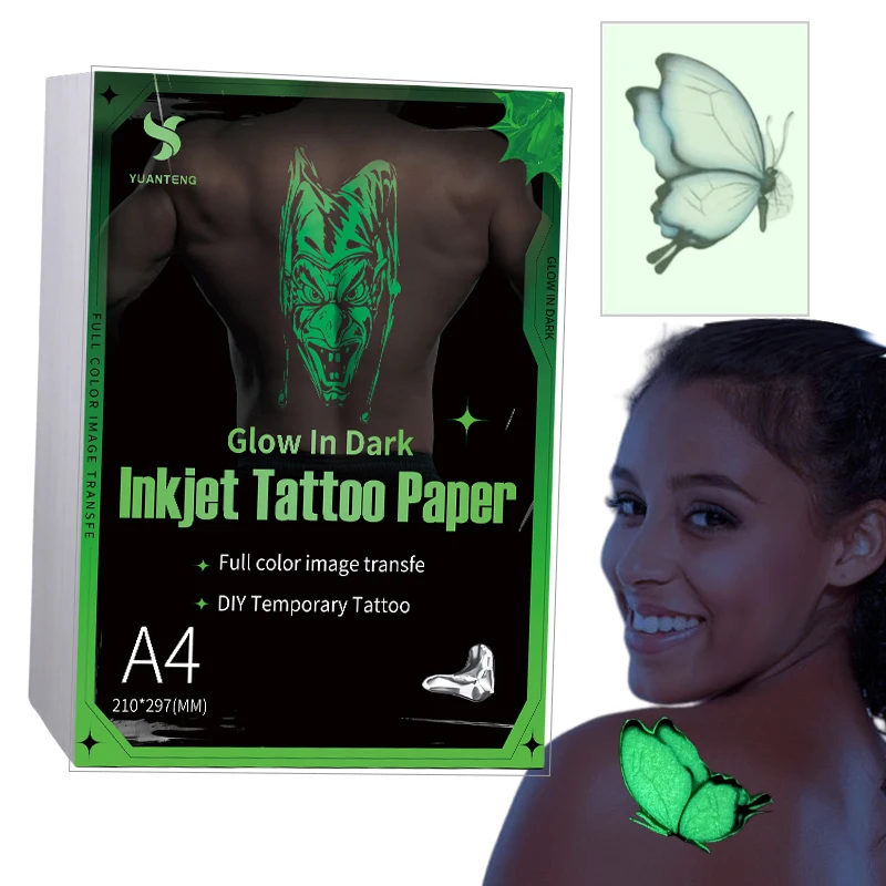 Papier de tatouage temporaire à jet d'encre qui brille dans la nuit, 10 ensembles de papier imprimable A4 pour enfants, papier de pochoir de tatouage à transfert d'eau imprimable
