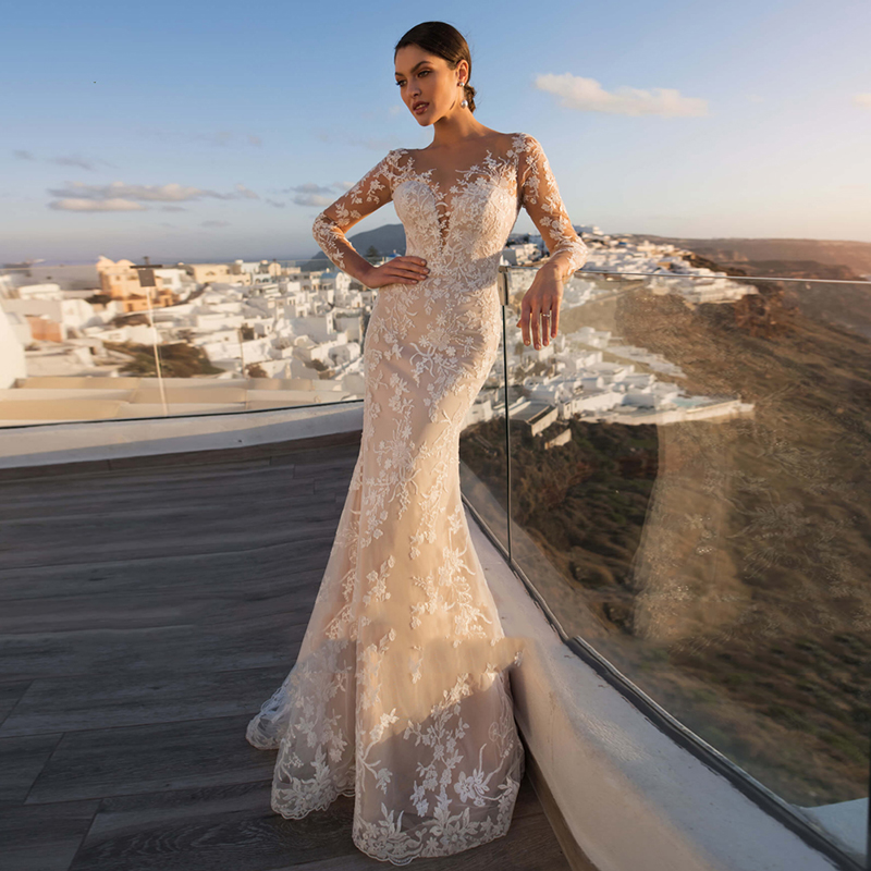 Wunderschönes abnehmbares 2-in-1-Hochzeitskleid mit bestickter Spitze auf Netz und Schleppe, Oneck-Vintage-Brautkleid mit langen Ärmeln, Vestido De Novia