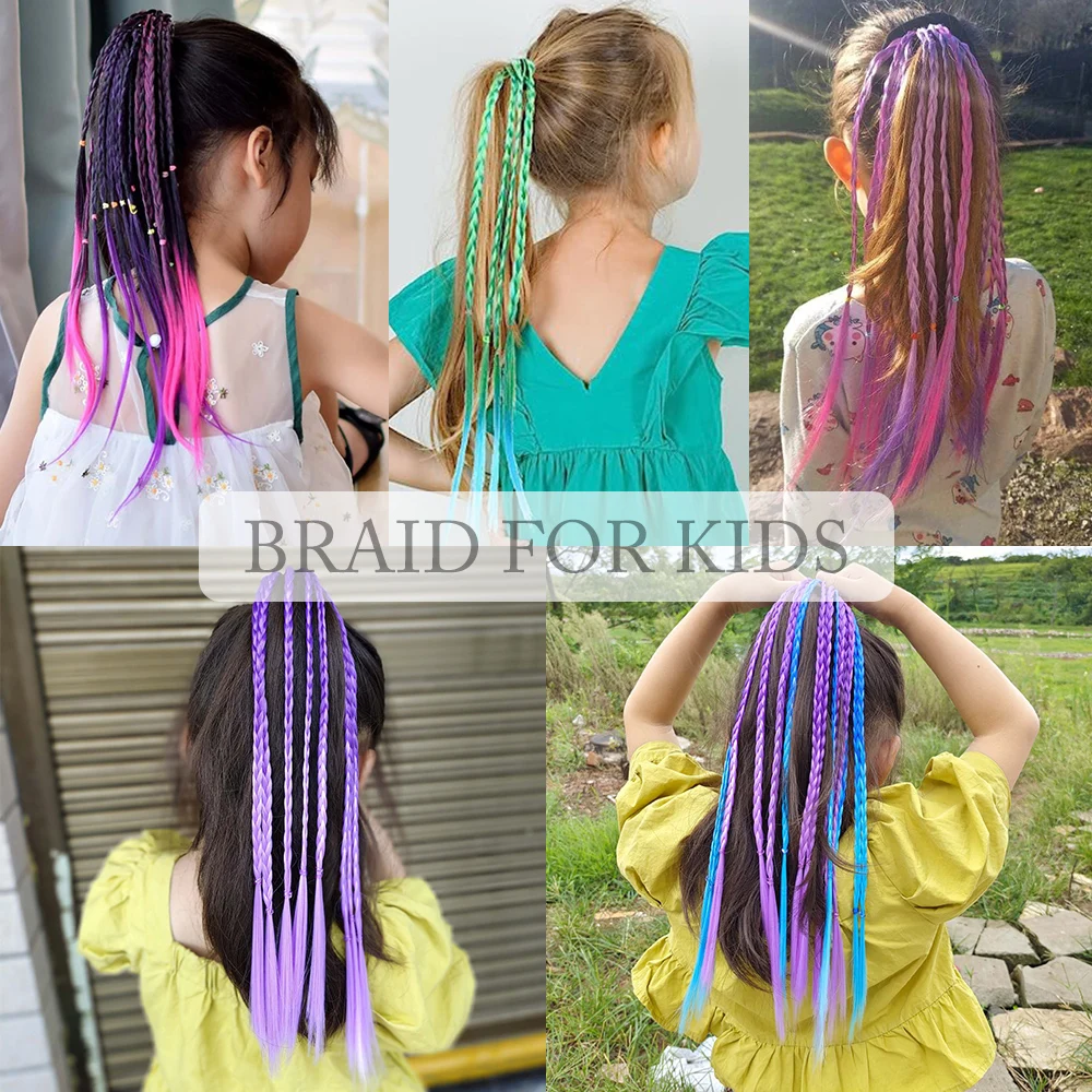 Estensioni dei capelli trecce colorate sintetiche per ragazze con elastici Posticci intrecciati arcobaleno Accessori per capelli coda di cavallo per ragazze