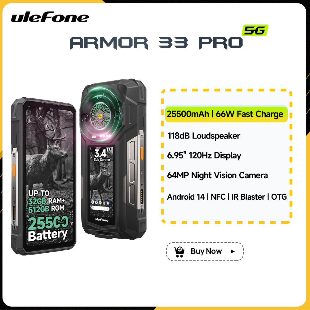 【Estreia mundial】Ulefone Armor 33 Pro 5G, telefone robusto, 25500 mAh, até 32 GB de RAM, 512 GB de ROM, 120 Hz, ecrã traseiro de 6,59" + 3,4", smartphone Android NFC