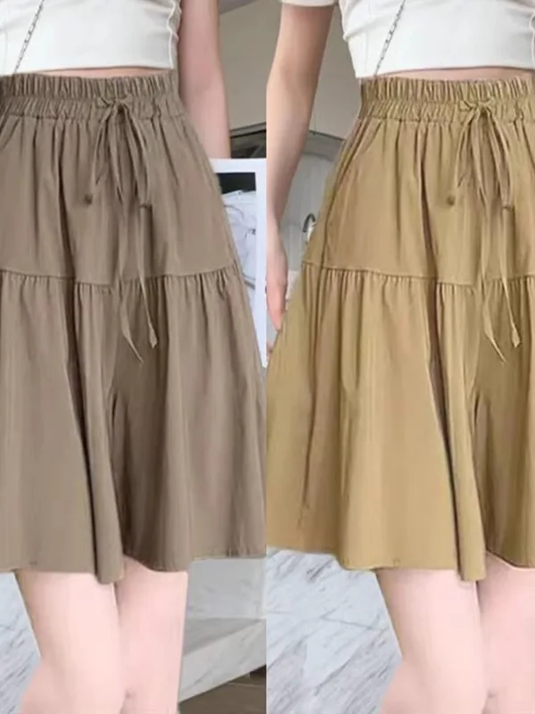 Calças Curtas de Cintura Alta em Nylon com Pregas para Mulheres, Estilo Casual de Verão, Calças de Ballet em Estilo Coreano