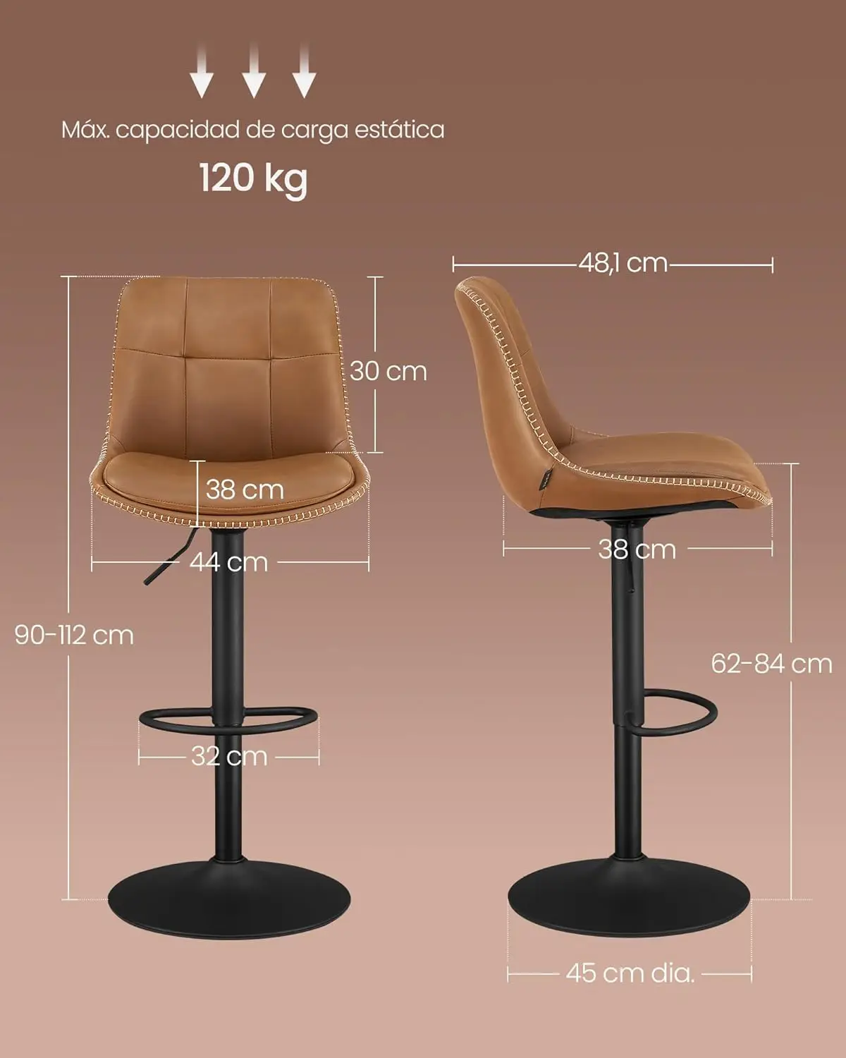 Juego de 2 Taburetes de Bar, Sillas Altas Giratorias Regulables en Altura, Acolchado PU, Sillas de Cocina con Respaldo