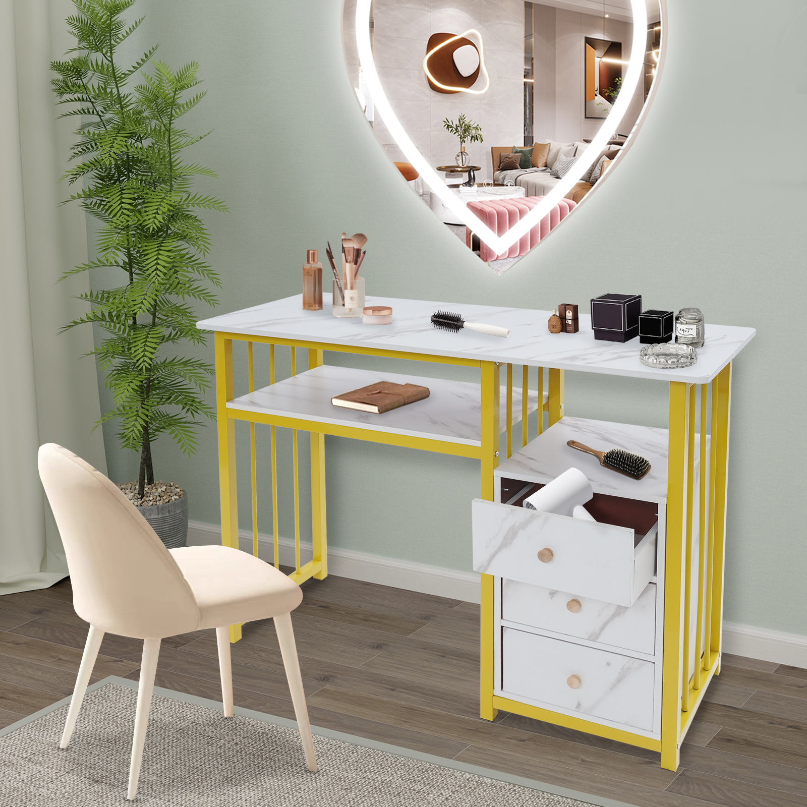 Bureau à ongles Table de manucure Texture marbrée bureau de manucure avec 3 tiroirs 100*40*76 cm pour salons, bureaux, salon de manucure