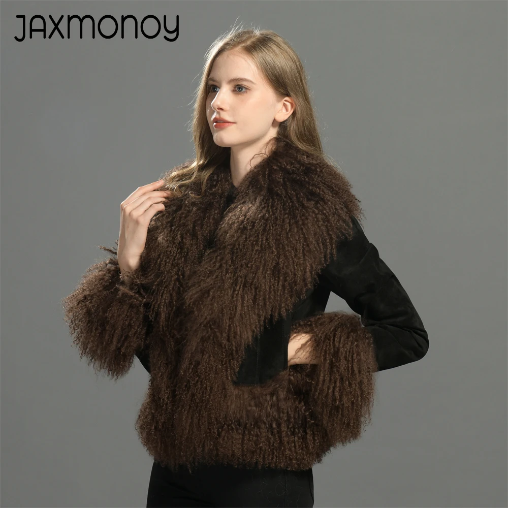 Jaxmonoy จริงหนังสําหรับผู้หญิงแกะมองโกเลียแท้ขนสัตว์ Trim Suede แจ็คเก็ตหนังฤดูหนาวแฟชั่นขนสัตว์เสื้อฤดูใบไม้ร่วง