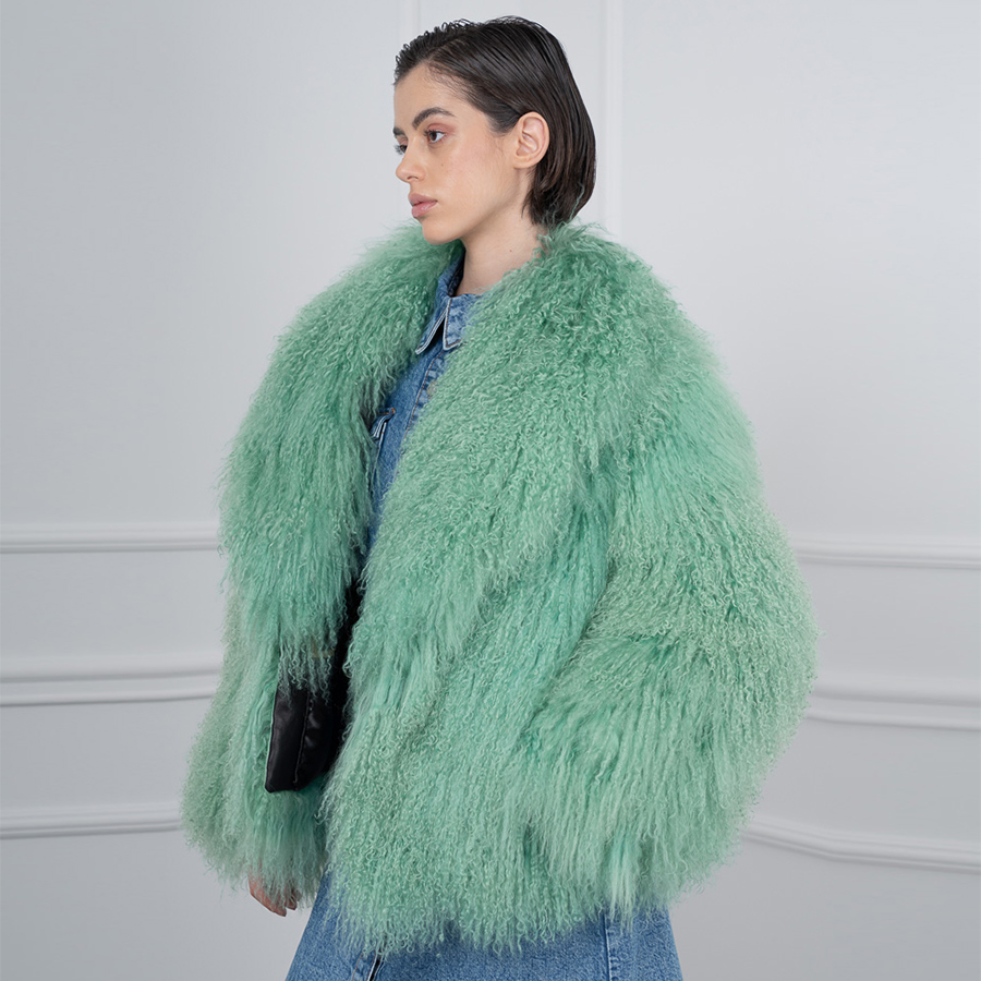 Casaco de pele real feminino casaco de pele de carneiro natural luz verde mongol cordeiro jaqueta com gola xale casacos de inverno mulher 2024 quente