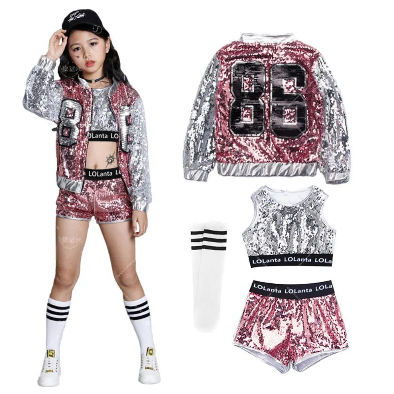 Tops cortos de lentejuelas rosas para niñas, chaqueta corta, ropa de baile, disfraz de Hip Hop, danza Jazz moderna, ropa puesta en escena
