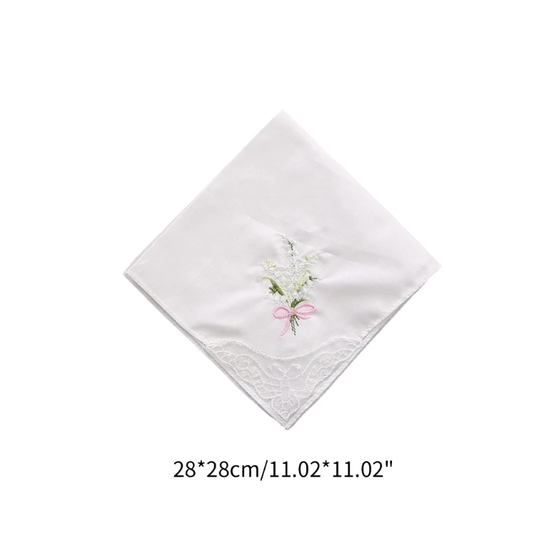 Lenço de algodão quadrado bordado macio 28 cm estilo floral rendado com debrum