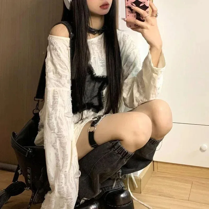 Y2K Gat Sterrenprint T-shirt Vrouwen Mode Streetwear Off Schouder Tops Zomer Oversized Kpop Lange Mouw Losse Tees Dames Nieuw