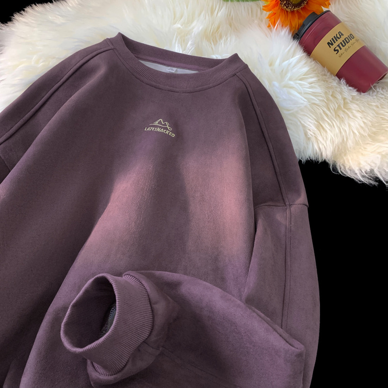 트렌디 한 streetwear 스웨이드 크루 넥 스웨트 남성 여성 운동복 수 놓은 패턴 헤비 웨이트 커플 풀오버 스웨트