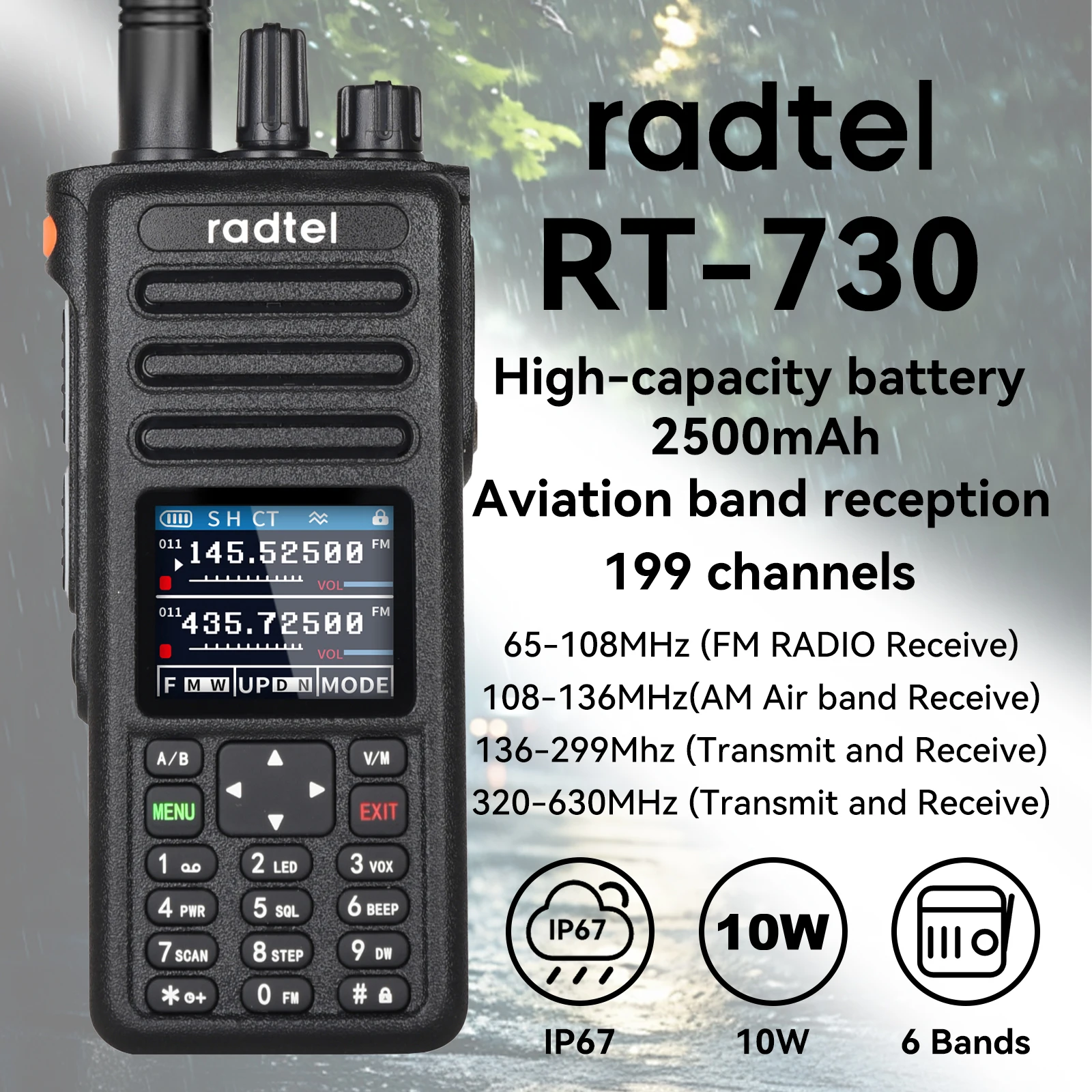 Radtel RT-730 10w Air Band Walkie Talkie Full Band Amateur Ham 199CH HT USB-C Batteria NOAA FM AM UHF VHF Satcom