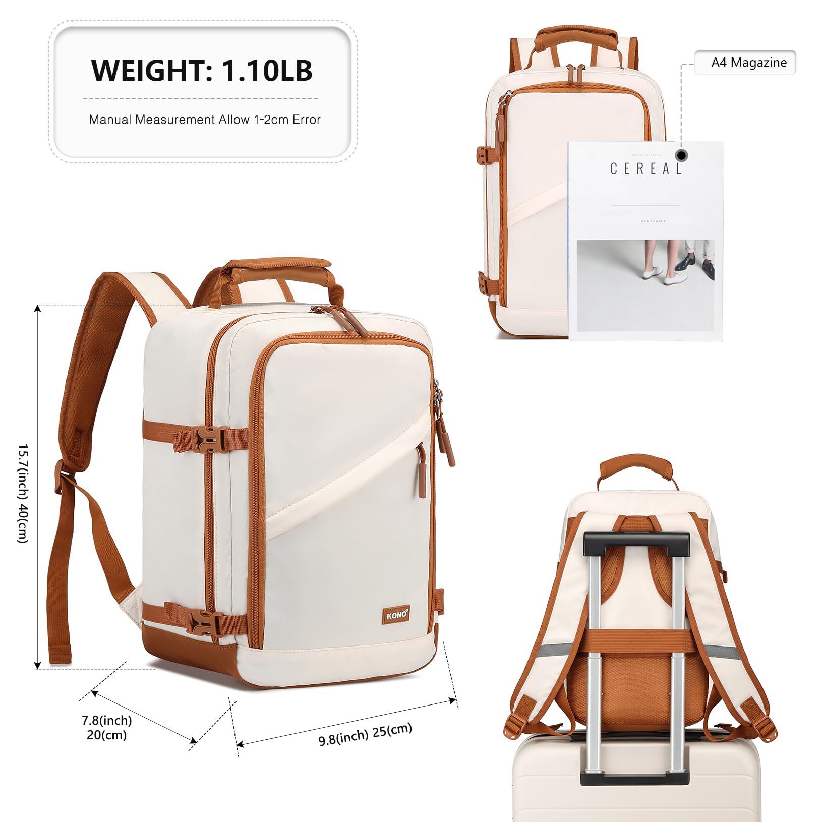 Kono Kabinentasche für Ryanair, Handgepäck Rucksack 40 x 20 x 25 cm, 20 l, beige/braun, Untersitz Reisegepäck für Flugzeug