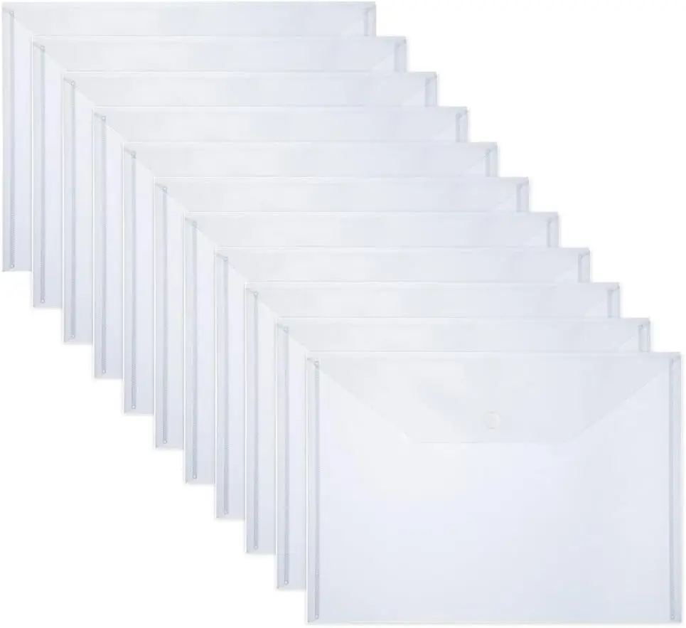 10 stuks plastic mappen voor documenten, A4-formaat plastic enveloppen met kliksluiting, doorzichtige bestandsmappen tassen voor schoolkantoor