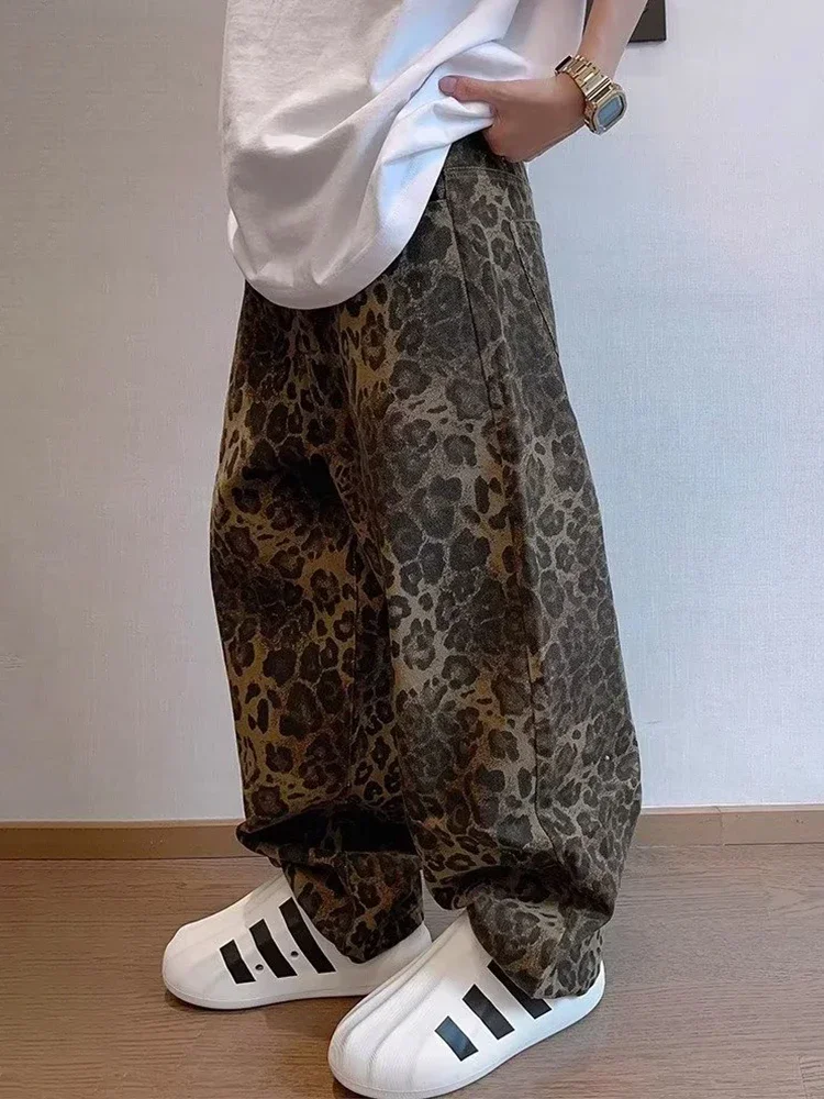 Tan Leopard Jeans 남성 데님 바지 남성 특대 넓은 다리 바지 streetwear 힙합 빈티지 의류 루즈 캐주얼