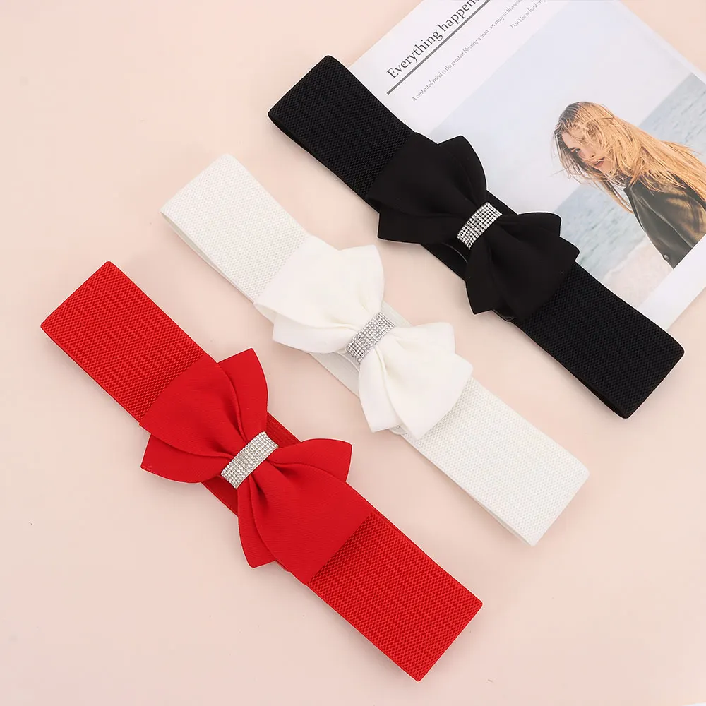 Adjustable Buckle Women's Elastic Wide Belt Plus Size Solid Color Bowknot Waistband Rhinestone Stretch Belt