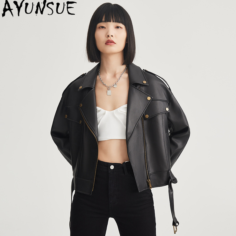 Ayunsue-本革のジャケット2023,女性用,短い本革のシープスキンジャケット,ルーズフィット,バイカーストリートウェア,新しいファッション,