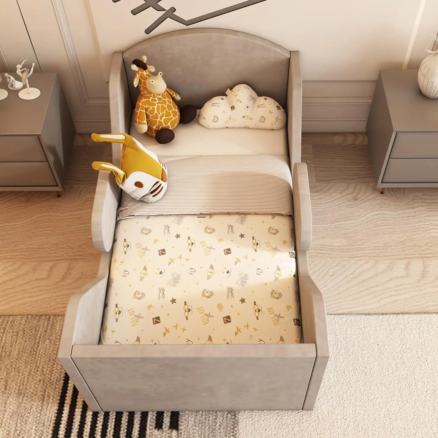 with Rail and Round headbroad, Standard Crib Size Toddler Bed for Children 18 Months to 6 Years, Upholstered Toddler Floor Bed