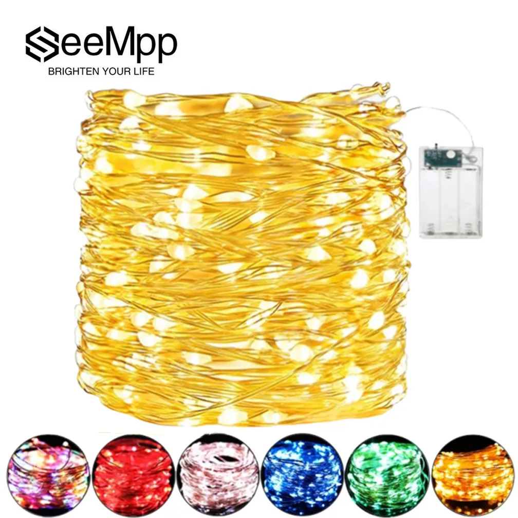 Guirnalda de luces LED con batería de 5/10M, guirnalda de alambre de cobre y plata, luces de hadas impermeables para decoración del banquete de boda y Navidad