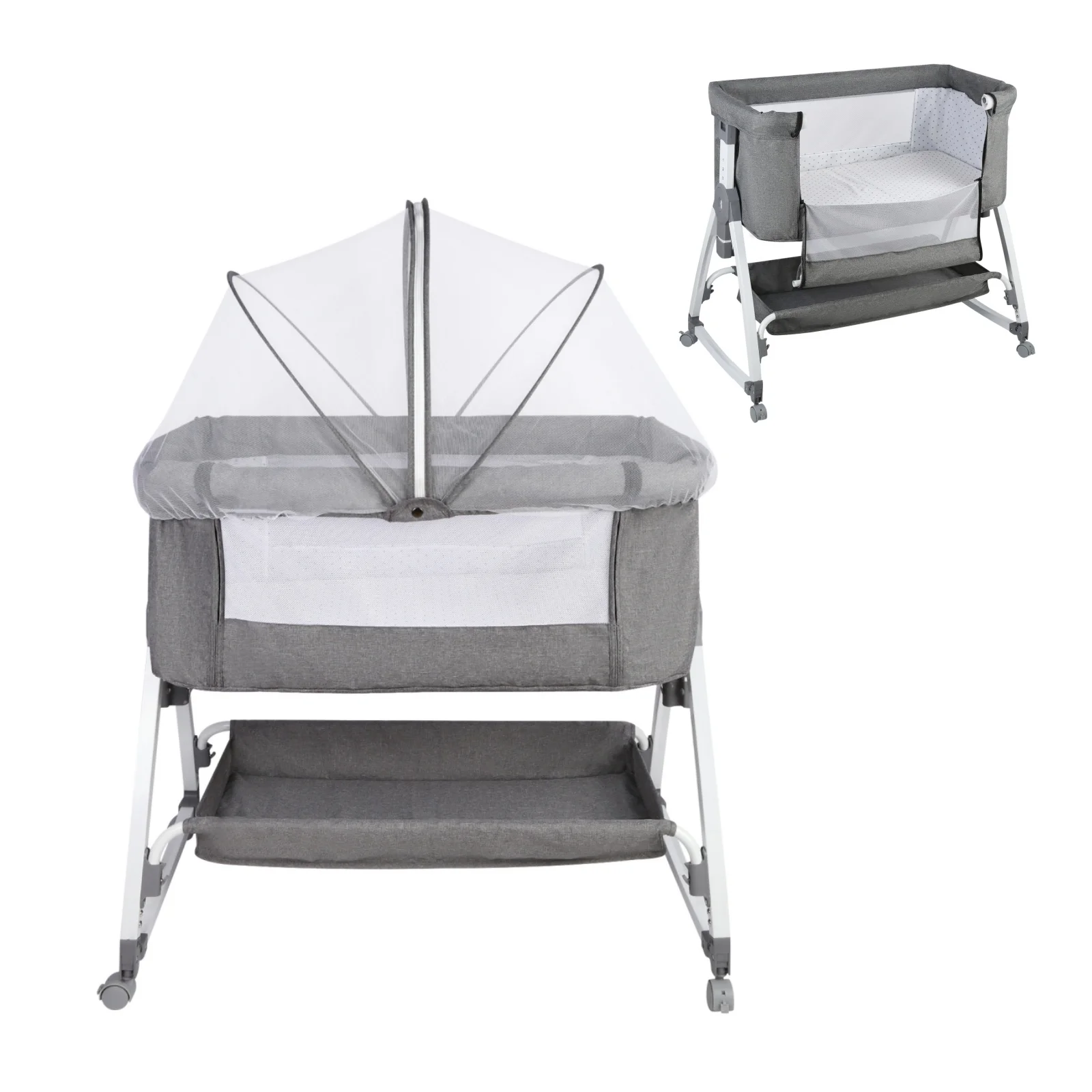Berço de viagem 4 em 1, berço de bebê, balancim, cama de bebê multifuncional e mesa de troca, colchão, rede, cesta de armazenamento