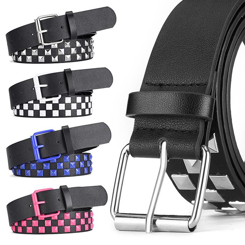 Nuovi rivetti personalizzati Cintura in pelle PU a scacchiera 107CM Cintura punk hip-hop moda universale per uomo e donna Stile Ins