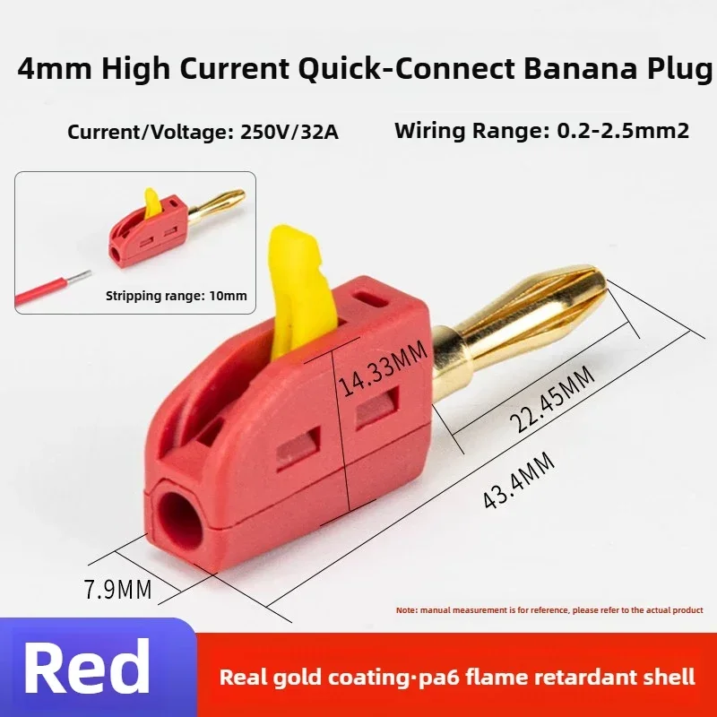 10 Uds. Conector Banana de 4mm conexión rápida de alta corriente conector Banana chapado en oro 32A prueba eléctrica