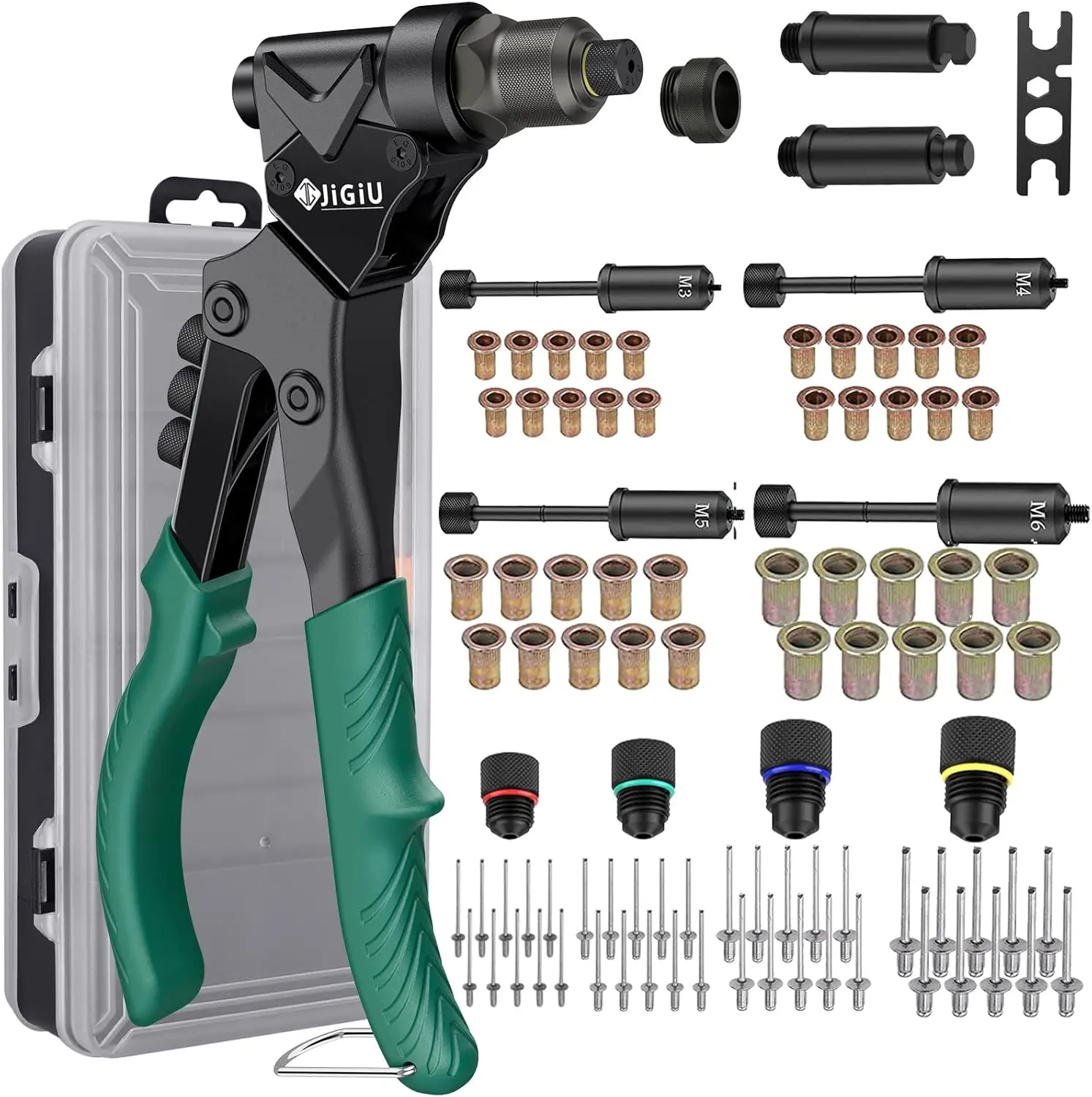 JiGiU 3-in-1 Rivet Nut Tool, Rivet Gun, Reamer Set, 360° Swivel Head, 4 Mandrels, 40 Rivets, 40 Nuts, Carrying Case.
