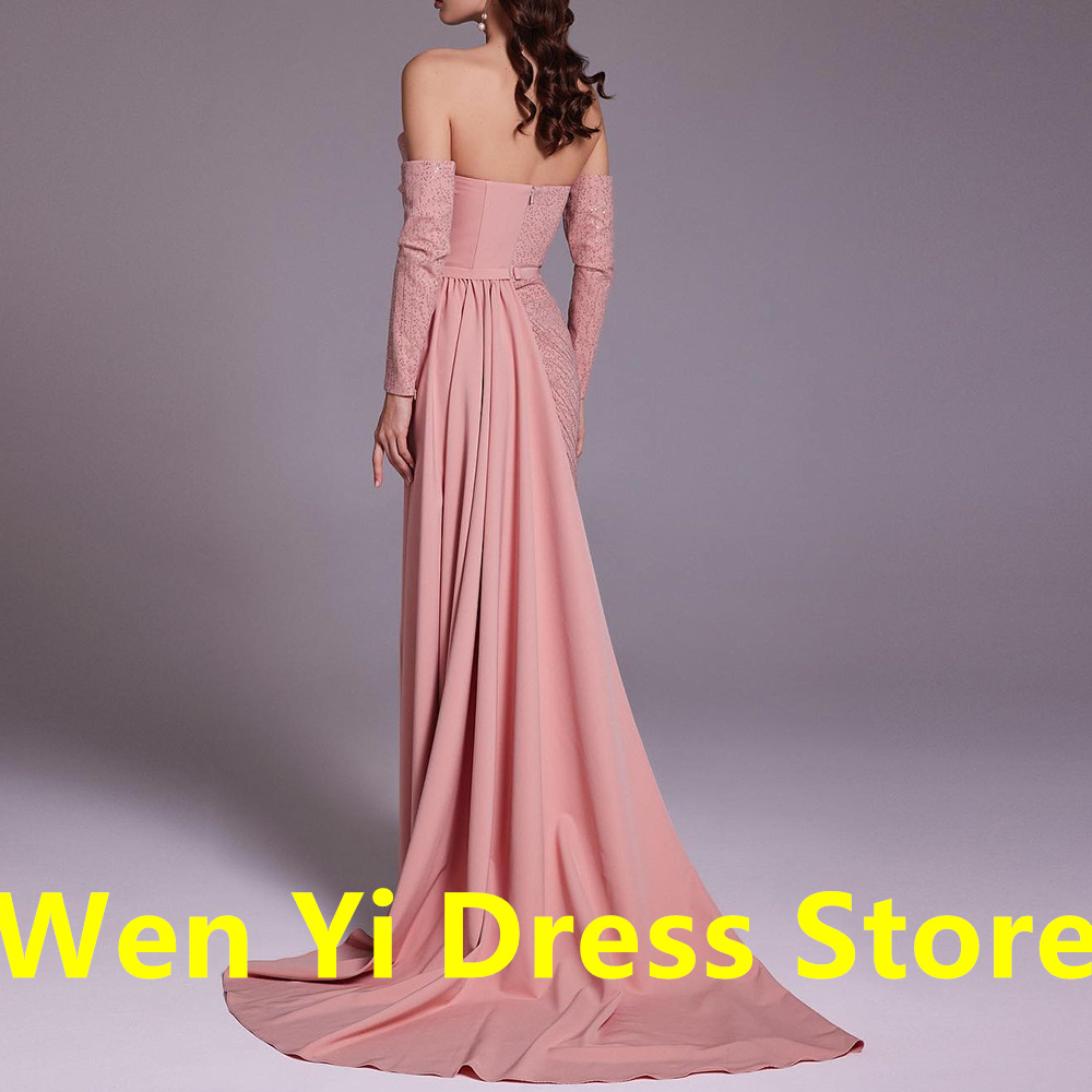 Customized Pink Jersey Evening Dress with Sparkly Sequined Modern Sweetheart Side Slit Detachable Sleeve Zipper Back Party Gowns