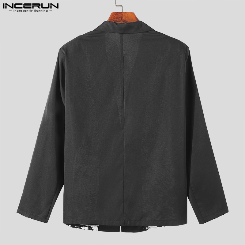 INCERUN, chaqueta para hombre, malla de retales de encaje, solapa transparente, trajes informales de manga larga, ropa de calle para hombre, abrigos de moda con un botón 2024