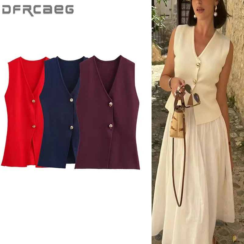 Stricken Ärmellose Weste Frau Taste Neue 2025, Frühling Cropped Westen für Frauen Streetwear Grundlegende Weste Top Frauen Gestrickte Weste Für Frauen