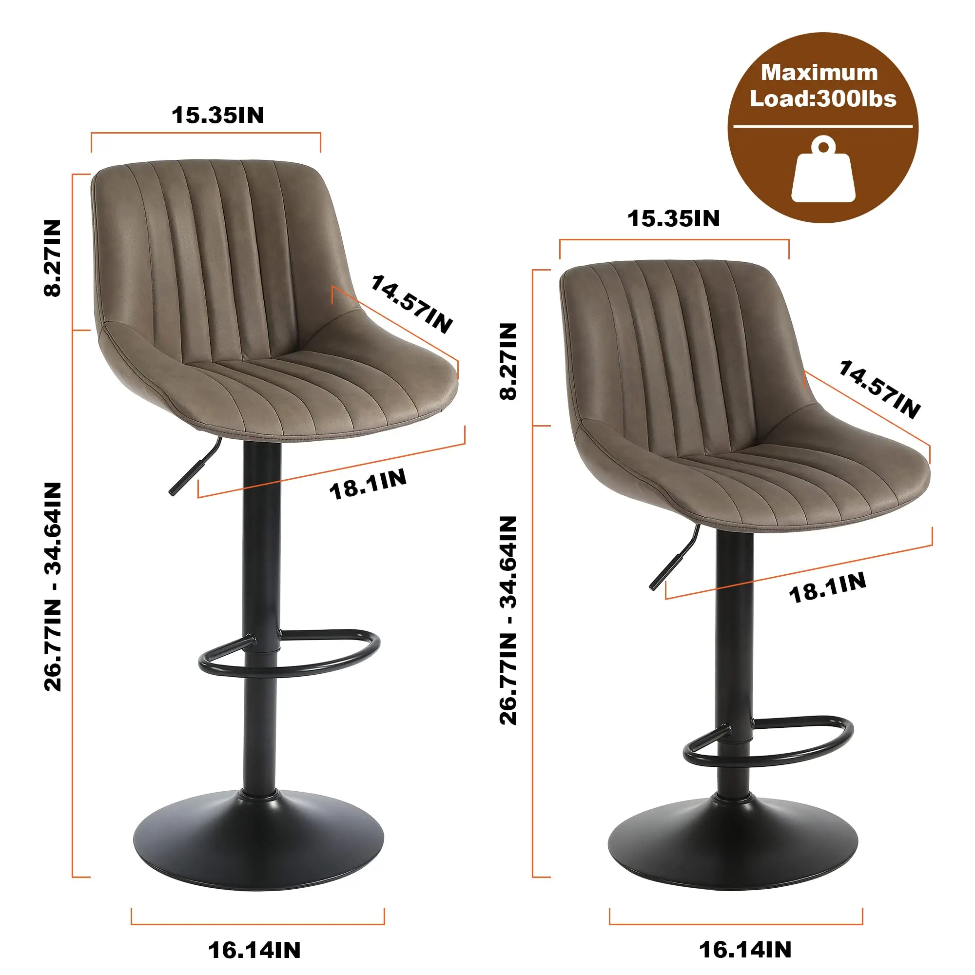 Conjunto de 2 bancos de bar Ralex-chair, bancos de bar giratórios com altura de balcão e encosto, cadeiras de bar ajustáveis em couro PU, marrom