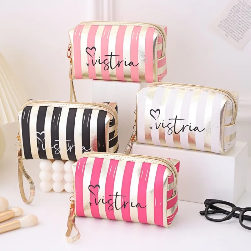 Bolsa de maquillaje portátil a rayas, tamaño pequeño, bolso de alto valor, mini bolsa de almacenamiento de maquillaje portátil, bolsa impermeable para mujer cs014