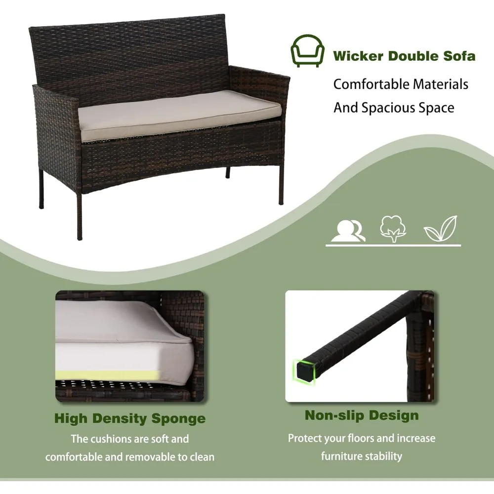 4 Pieces Patio Furniture Set Rattan Outside Furniture Wicker Sofa Garden Conversation Sets with Soft Cushion and Glass Table for