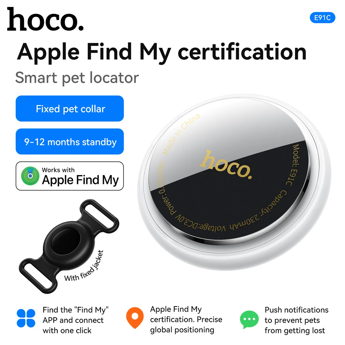 E91C SmartTag Водонепроницаемый отрывной ошейник для домашних животных с Apple Finder Мое приложение Длительный срок службы батареи Отслеживание местоположения в реальном времени для iOS