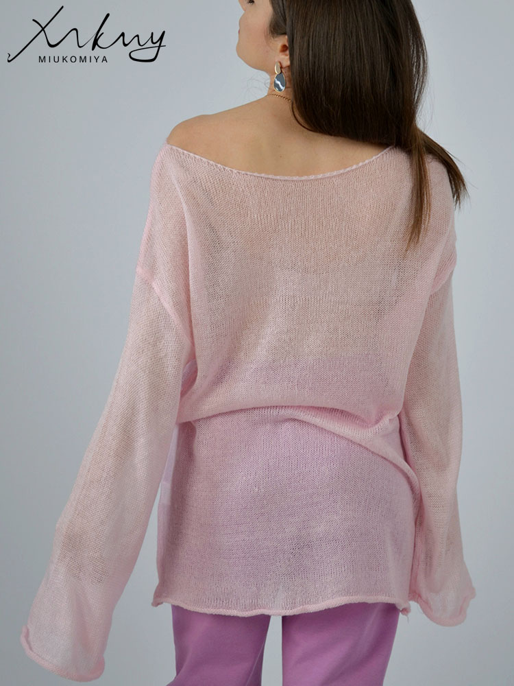 赤 Tシャツオーバーサイズ薄型ニットプルオーバー女性の夏のトランペット長袖 Tシャツ女性のためのルーズトップ Tシャツ透明セーター