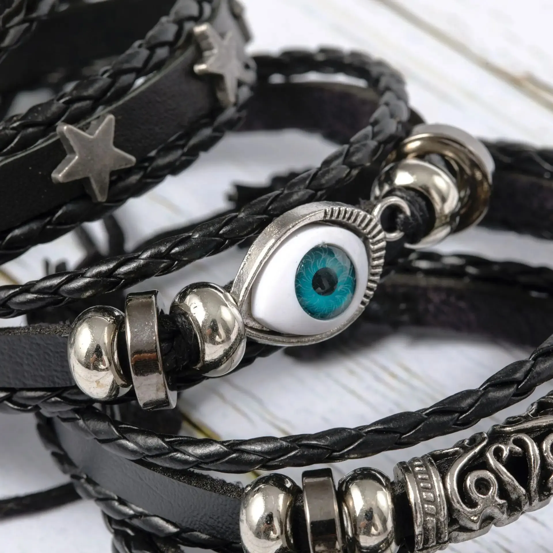 5 peças conjunto de pulseira estilo punk trançado com estrela de asa de mau olhado diy, com couro pu e contas