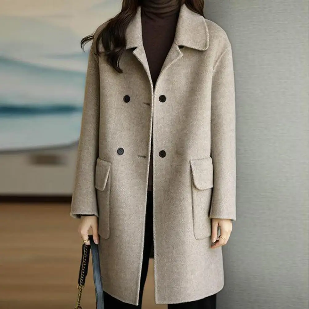 Trendy Pocket Design Solid Color Non-Fading Fashionable Women Mid-Long Winter Woolen Coat Women Winter Coat Decorative