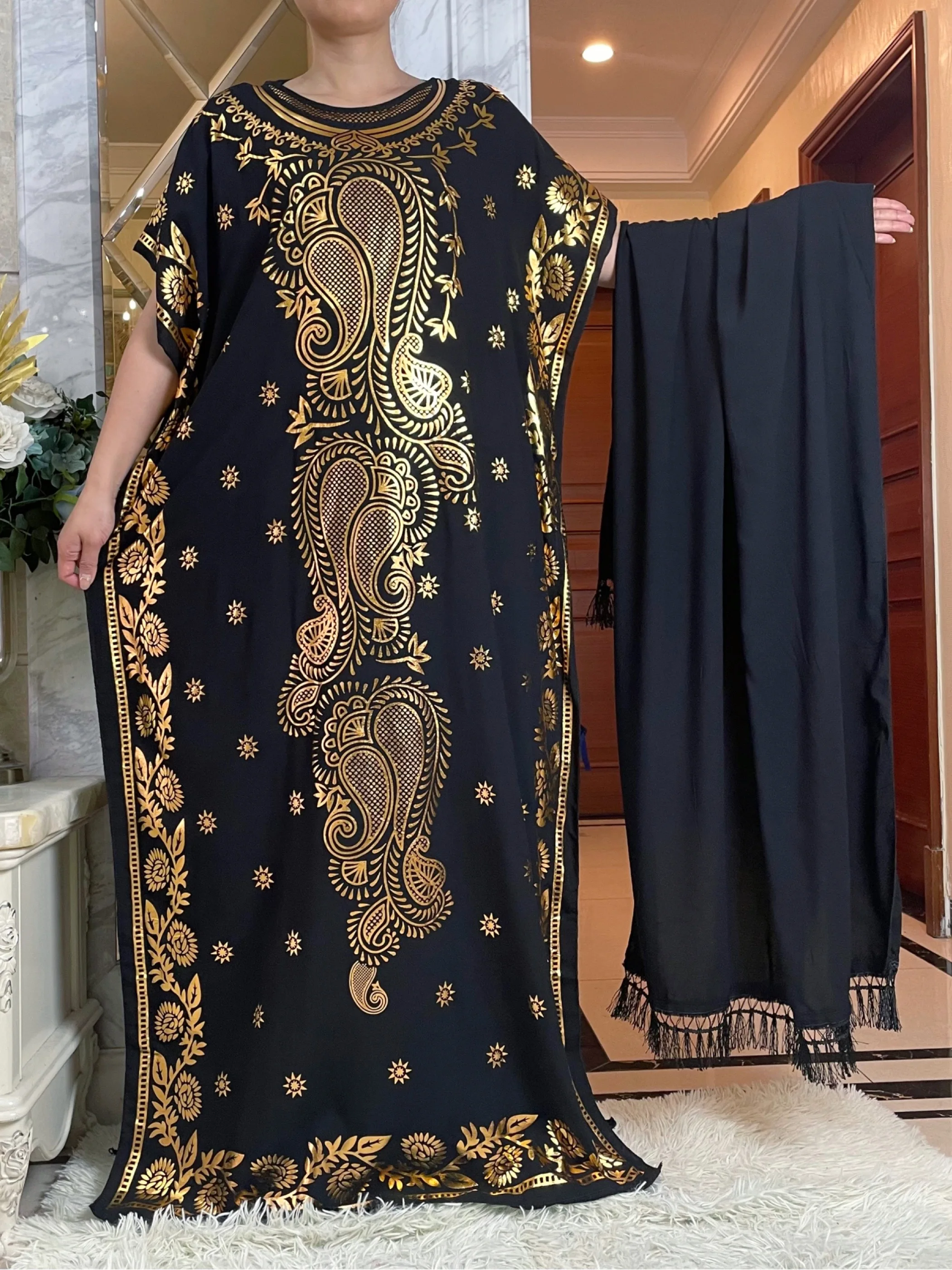 イスラム教徒の女性のための大きなスカーフを備えたルーズなアバヤ,カジュアルなマキシ,ゴールドのプリントドレス,ドバイ,トルコ,カフタン,アフリカ,夏のファッション,2022