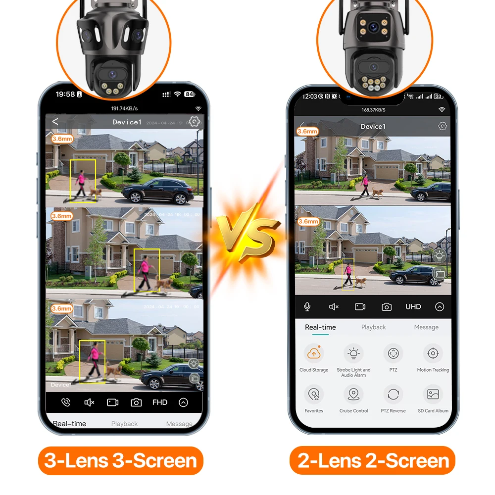 Drie lenzen buiten 4K HD WIFI IP-camera PTZ-camera met drie schermen Ai Menselijke detectie IP66 Waterdichte CCTV-videobewaking iCsee