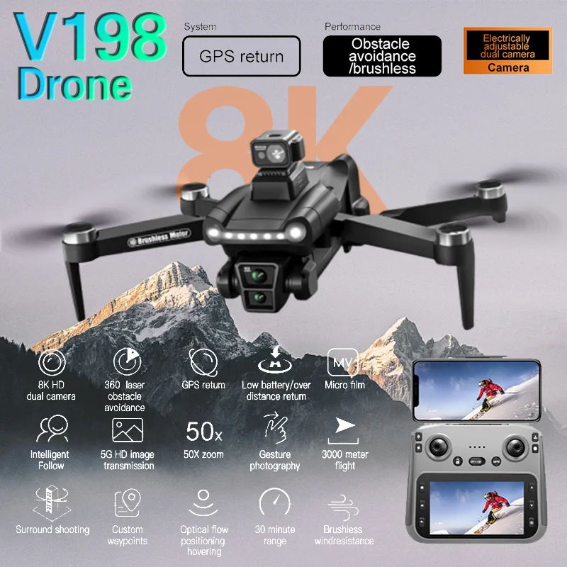 For Xiaomi V198GPS Drone ESC 8K Profesional  Brushless Laser obstacle avoidance Aerial Optical Foldable Quadcopter Mini Dron New