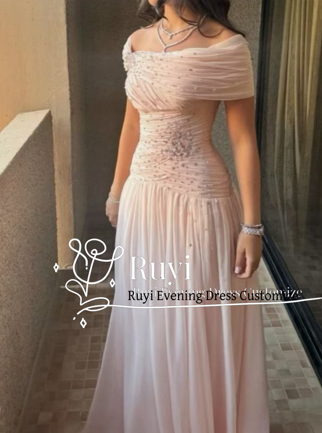 Aangepaste chiffon staaflijst geplooide zoete formele galajurk off-shoulder rits aan de achterkant formele gelegenheid avondjurk