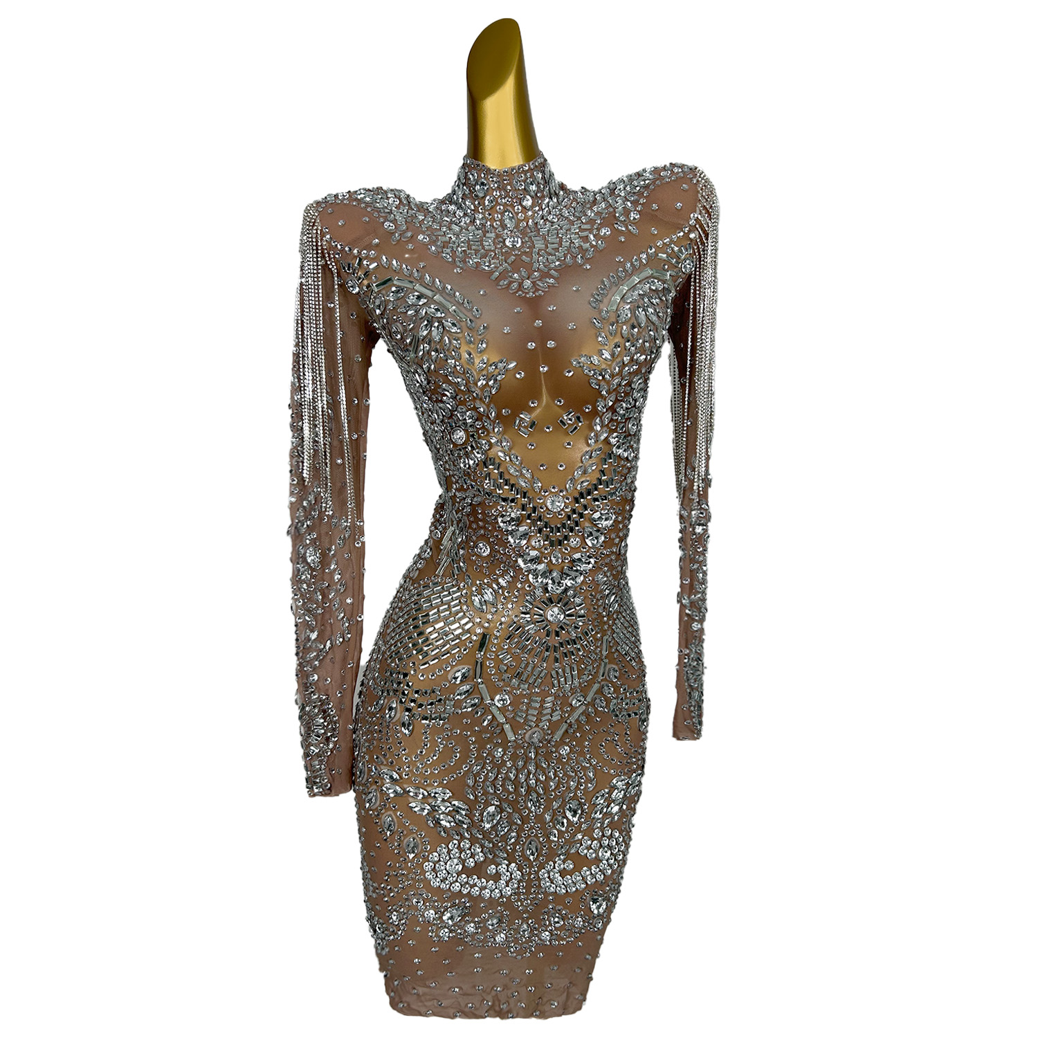 Women's Glitter Sparkly Crystal Tassel Prom Dress Long Sleeve Graduating Dresses Cocktail Evening Party Dress 2024 Piaochong