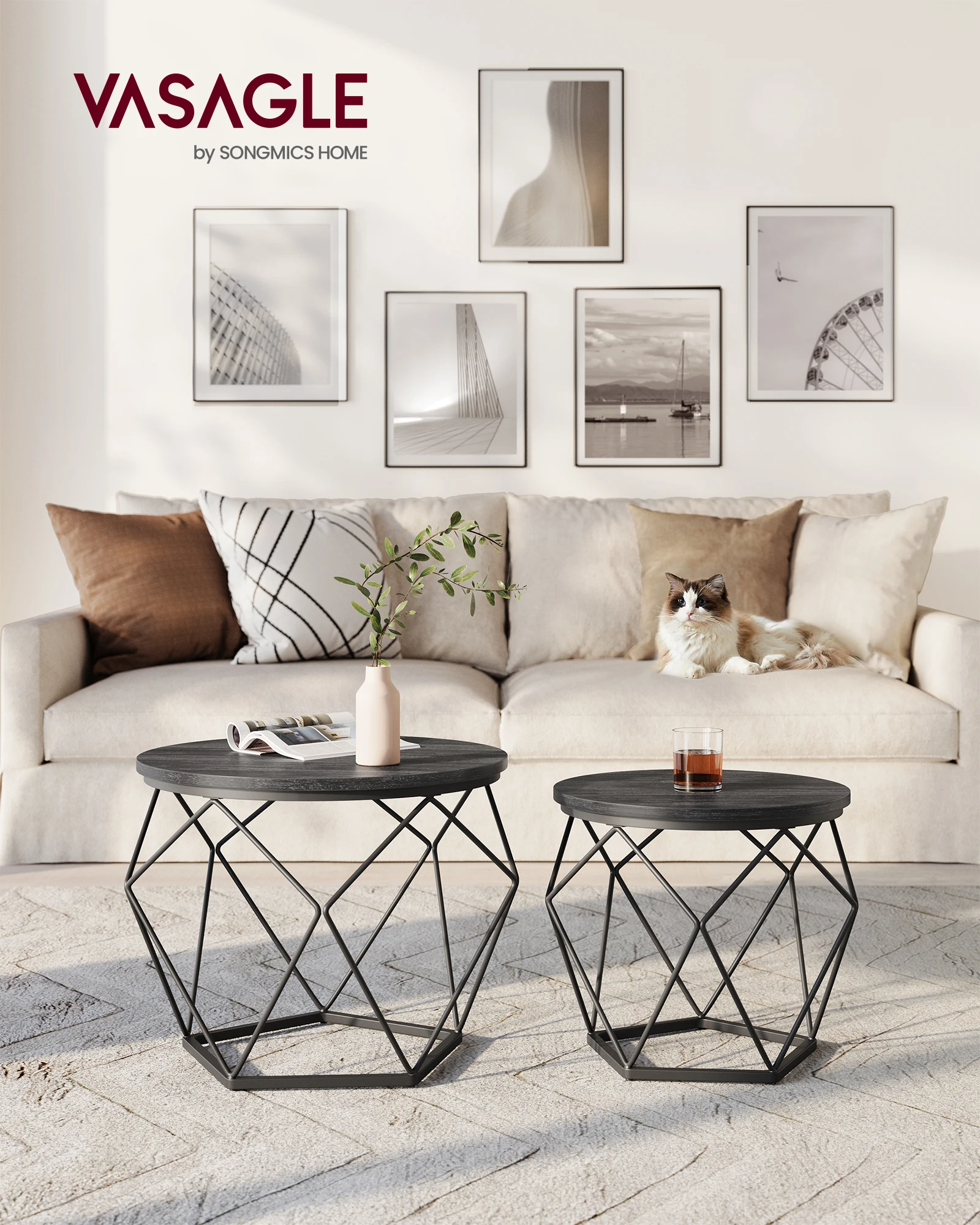 VASAGLE Couchtisch rund, 2er Set, Wohnzimmertisch, Beistelltisch, modern, abnehmbare Tischplatte, für Wohnzimmer