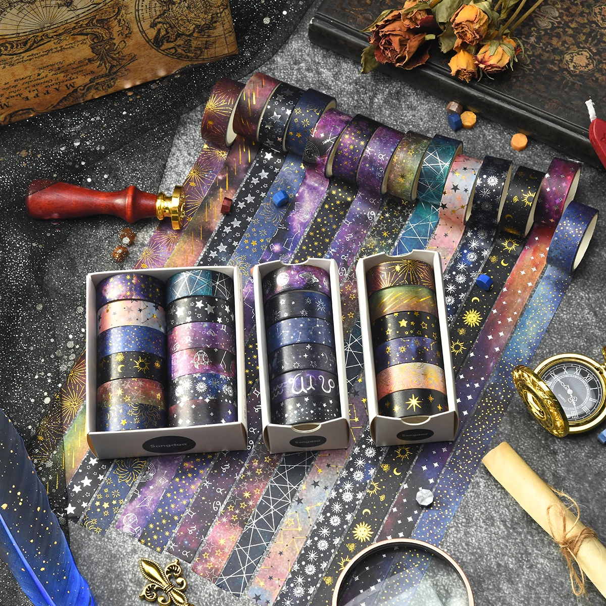 6 rolls of starry sky bronzing pattern washi tape, constellation pattern tape and gift wrapping decoration, gifts for friends