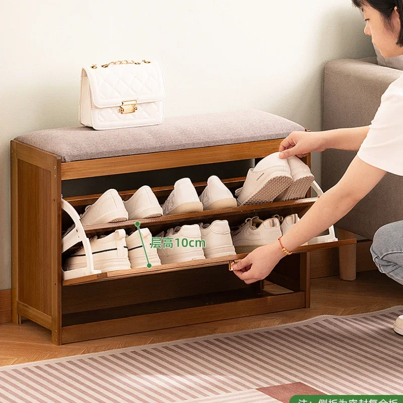 Flip-Top Shoe Cabinet Ultra-Thin Home Entryway Shoe Bench Bamboo Multi-Layer Shoe Rack Indoor Breathable Shoe Storage