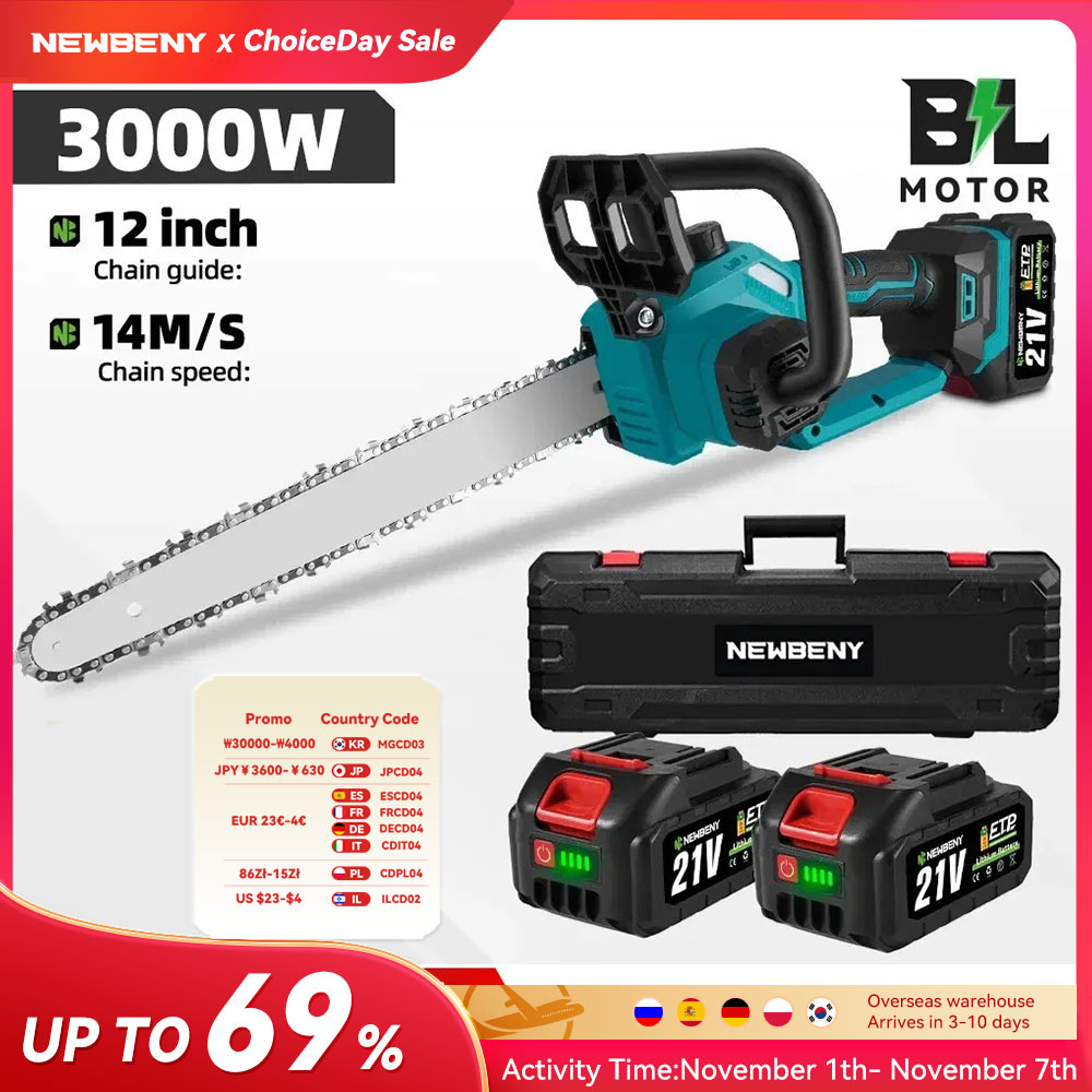 NEWBENY 12-дюймовая бесщеточная электрическая бензопила со светодиодным дисплеем, беспроводная садовая лесозаготовительная пила для Makita, 18 В, аккумуляторный штифт