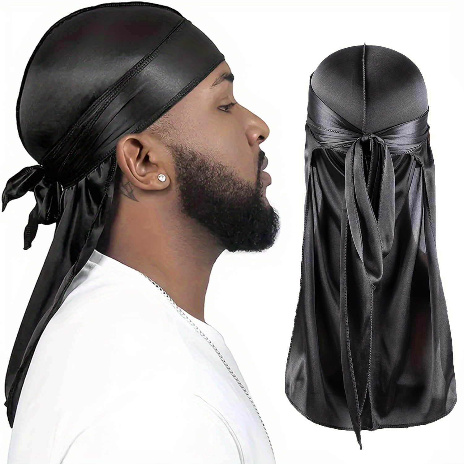 Heren zijden Durag Bonnet Bandana Silky Du Rag Doo Rag Long Tail Waves Cap